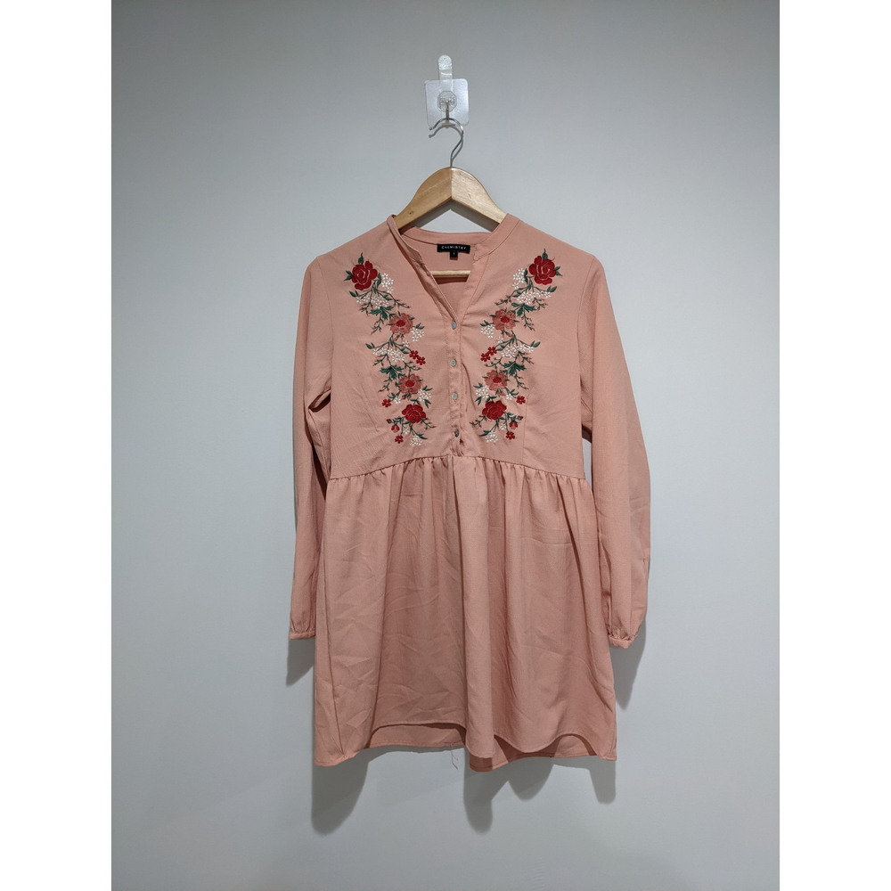 Pink Floral Embroidered Long Sleeve Dress Size Small